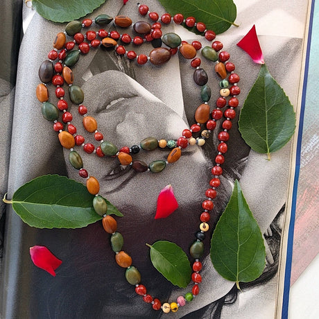 Bohemian style necklace with combination of natural seed beads
