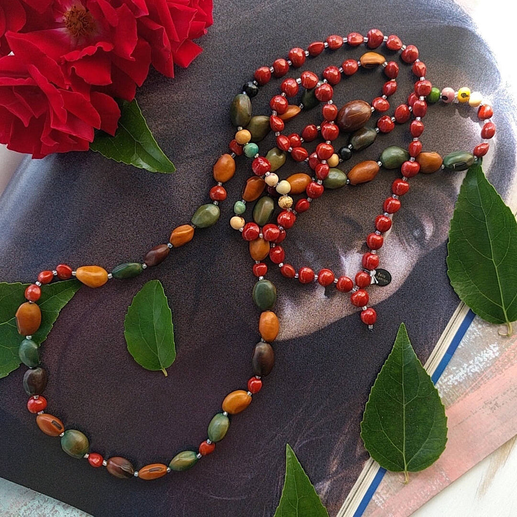 Bohemian style necklace with combination of natural seed beads