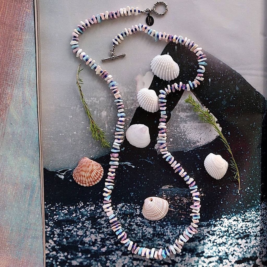 chic beach necklace, handmade using hand dyed pastel chip sea shells and spacers with round navy blue seed beads