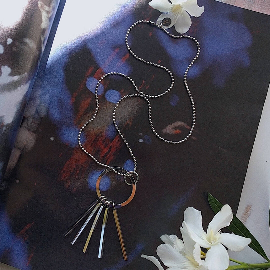 long ball chain necklace with circle tassel pendant