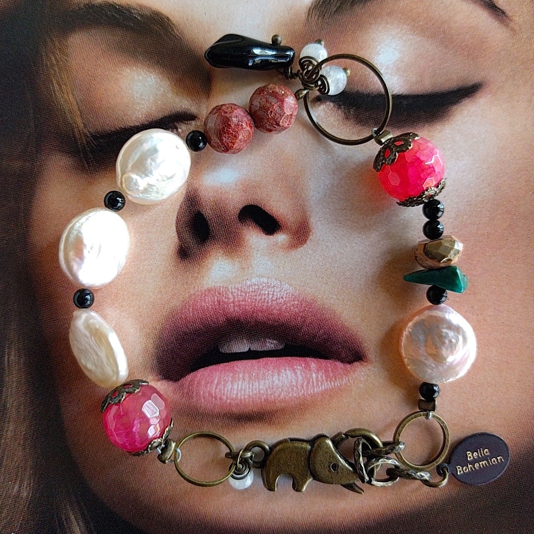 handmade bracelet with faceted pink agate, coin pearls on alternate background