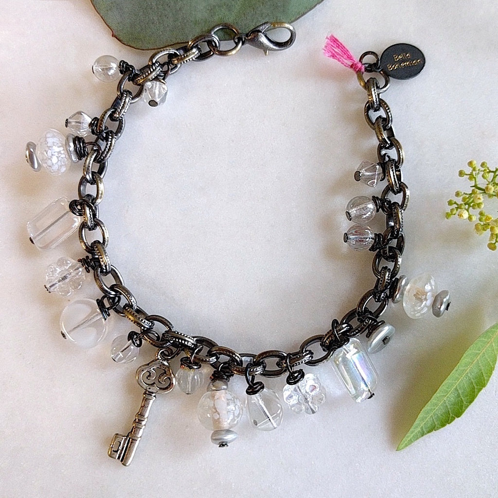 handmade bracelet with white translucent glass charms