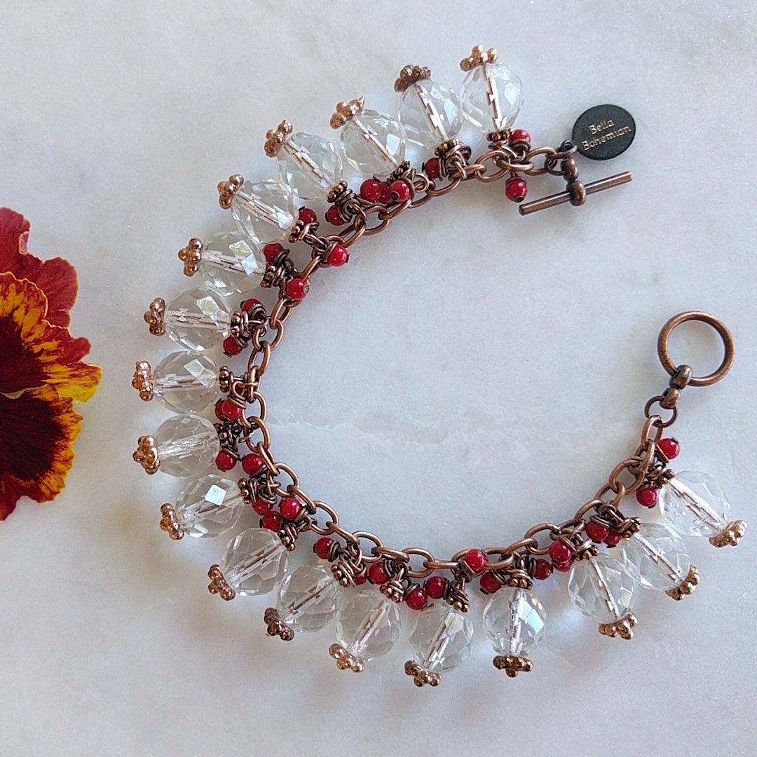 Copper charmed bracelet Boho chic with red corals and Swarovski crystals