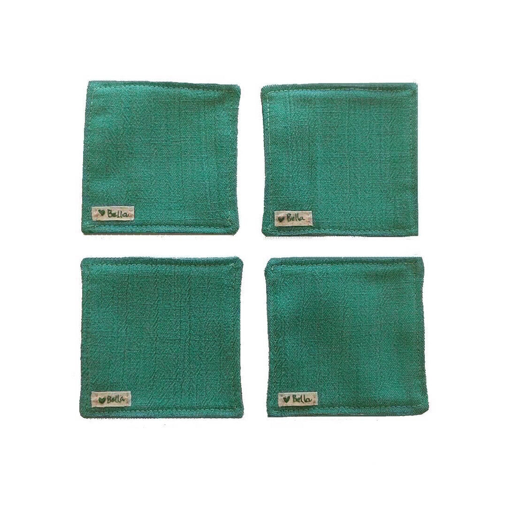 teal green set of four coasters showing bottom side with love bella tag