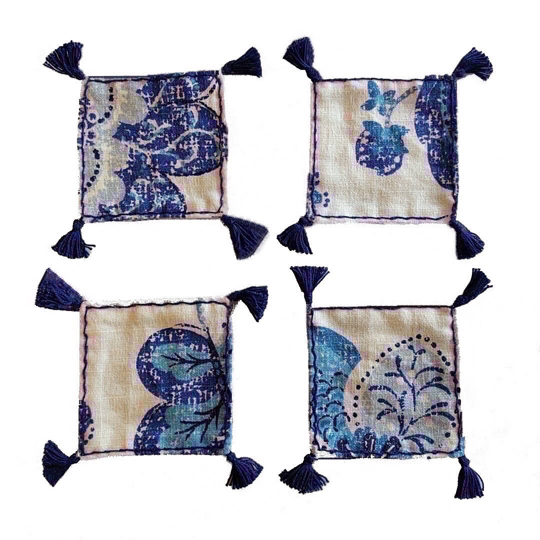 4 square boho in royal blue and ivory colored coasters - plain image