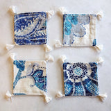set of four square boho in royal blue and ivory colored heavy linen coasters
