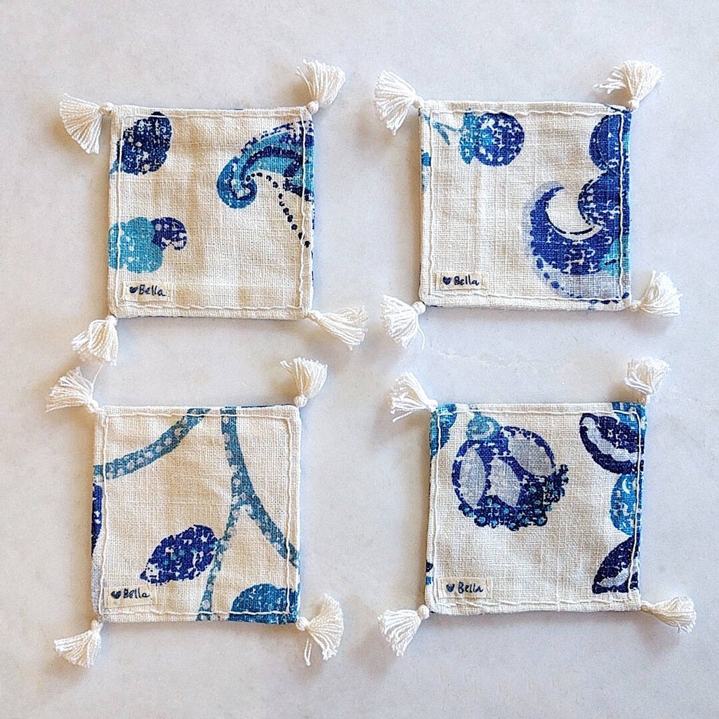 set of four square boho in royal blue and ivory colored heavy linen coasters (2)