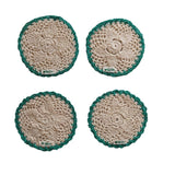 set of four round crochet cotton yarn coasters in natural tan color and teal border - showing bottom view with love bella tag