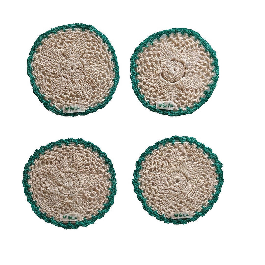 set of four round crochet cotton yarn coasters in natural tan color and teal border - showing bottom view with love bella tag