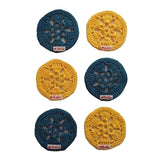 two bright yellow and two earth dark green crocheted coasters bottom view shown with love bella tag