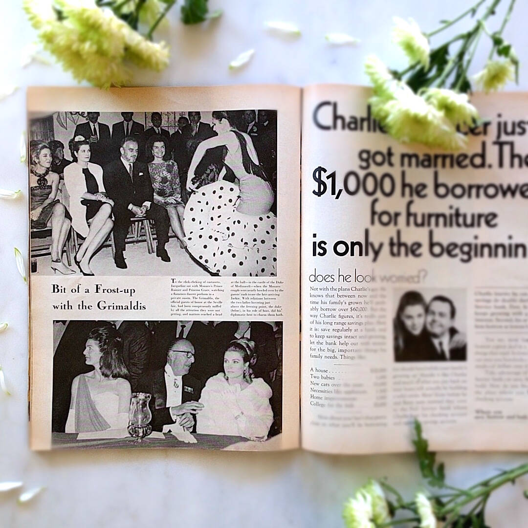life magazine open showing jacqueline kennedy article in black and white (2)