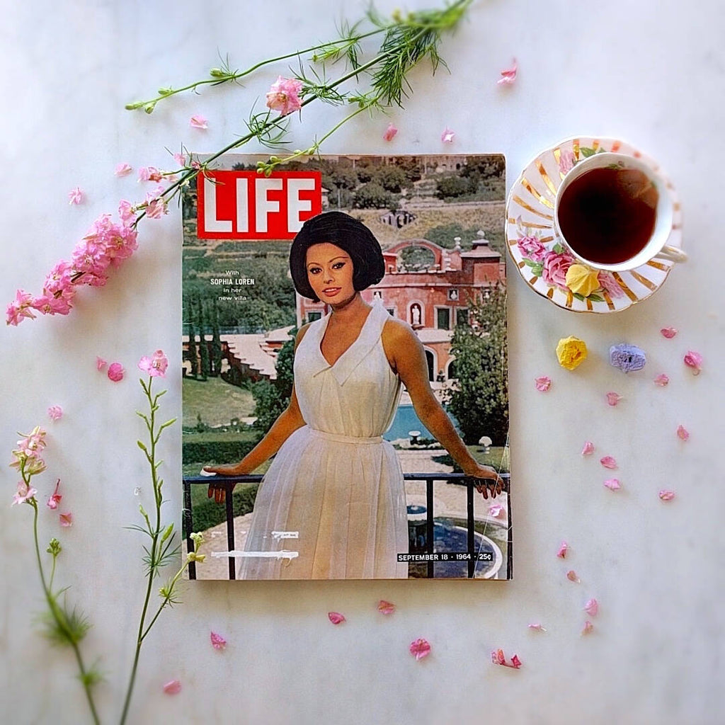 life magazine from september 1964 showing Sophia Loren in a white dress
