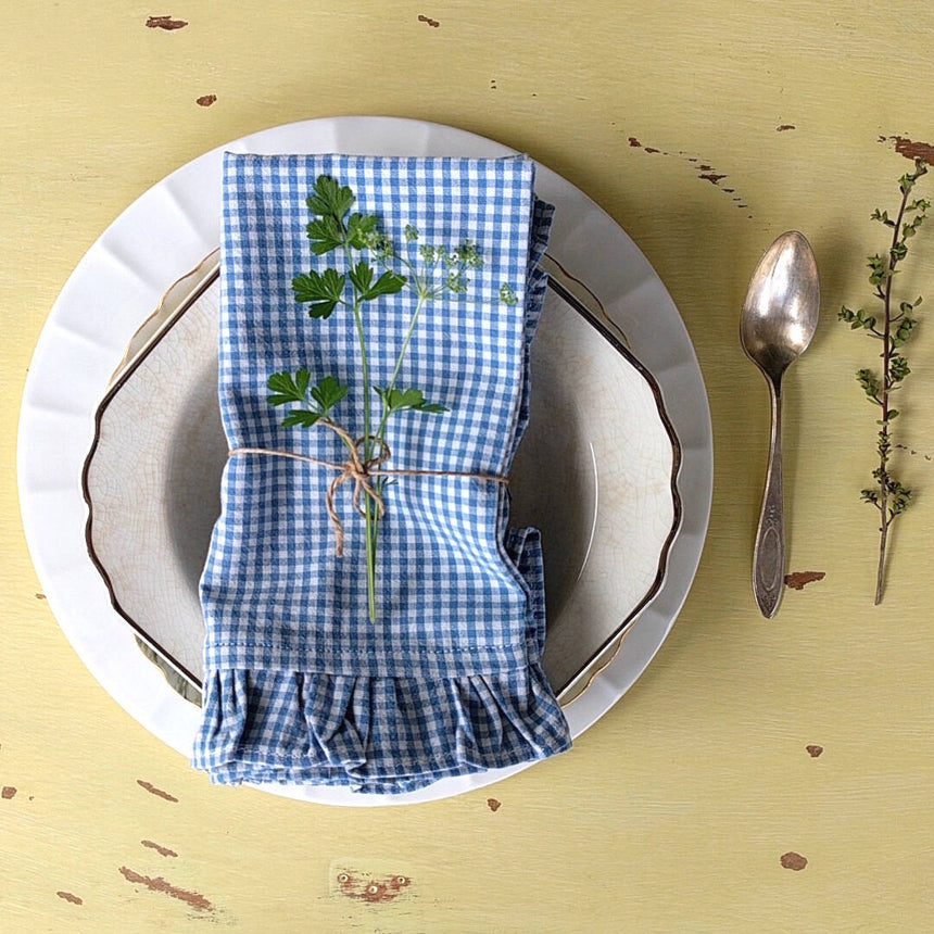 set of four 100% cotton vintage blue white plaid napkins