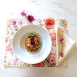 ornate and elegant cotton placemats for outdoor and indoor use shown with table setting and plate of food