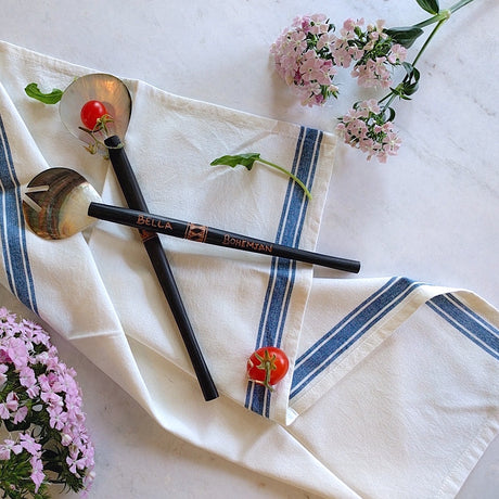 fijian wood serving set with mother-of-pearl heads