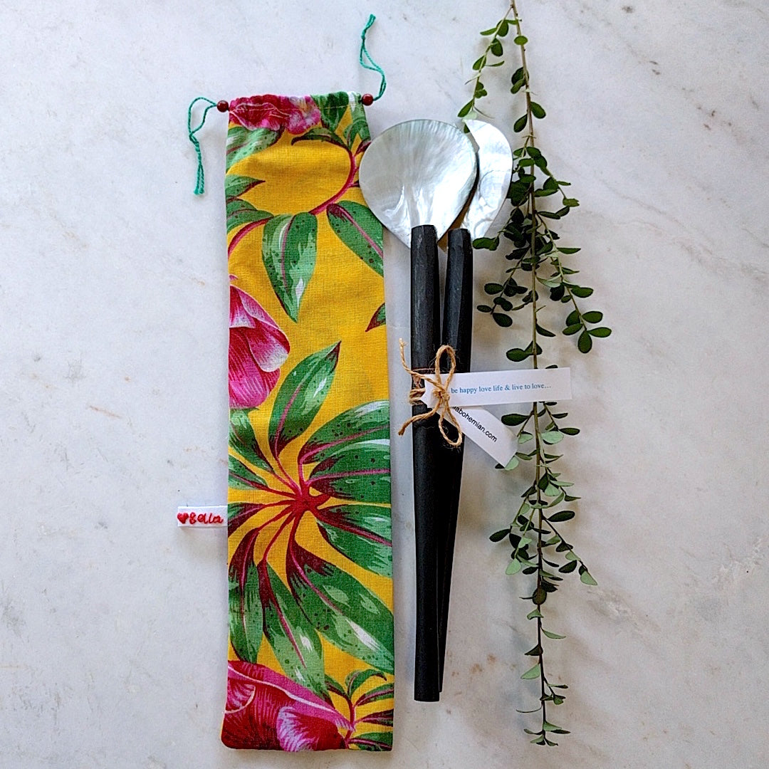Wooden Serving Set with Mother of Pearl