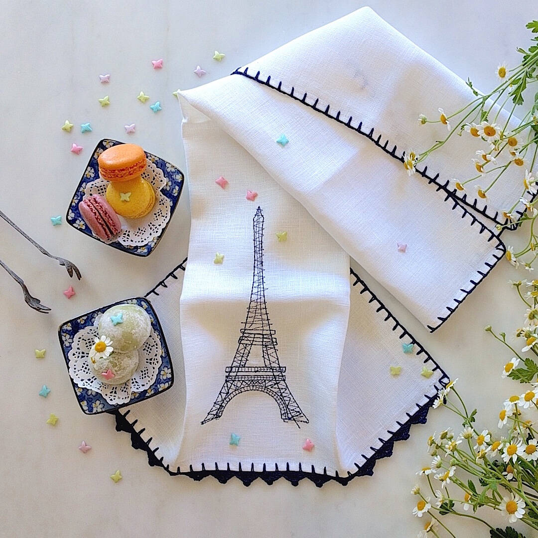 heavy linen kichen towel with blue crocheted eiffel tower and trim
