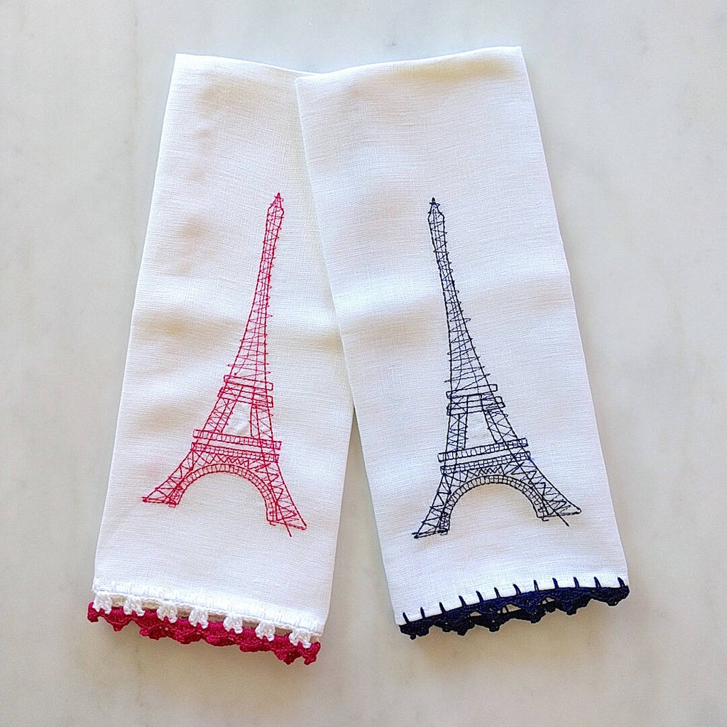 heavy linen kichen towels, one with pink, one with blue crocheted eiffel tower and trim