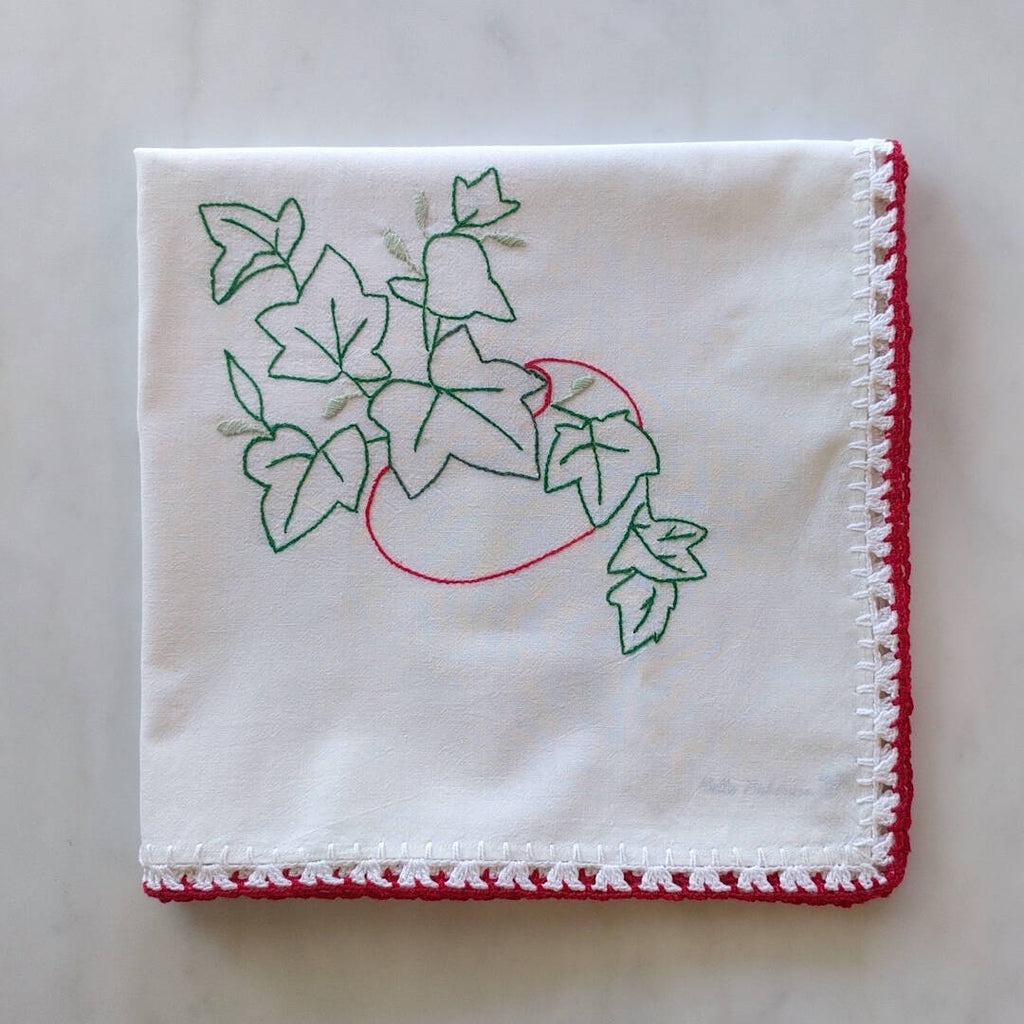 vintage cotton fabric tea towel with red tomato and green ivy motif - simple photo