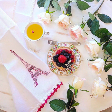 heavy linen kichen towel with pink crocheted eiffel tower and trim