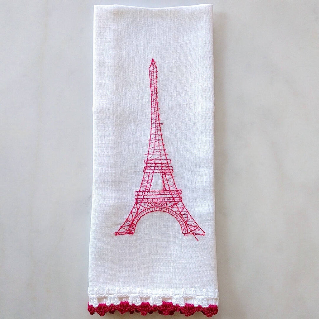 heavy linen kichen towel with pink crocheted eiffel tower and trim