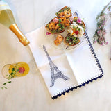 heavy linen kichen towel with blue crocheted eiffel tower and trim