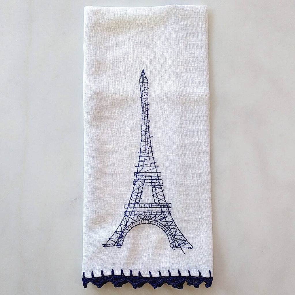 heavy linen kichen towel with blue crocheted eiffel tower and trim