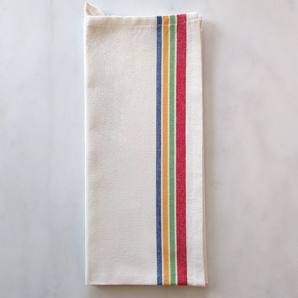 white cotton with multicolor striped tea towel