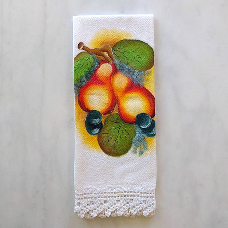 white cotton tea towel with pear motif and a white hand crocheted border