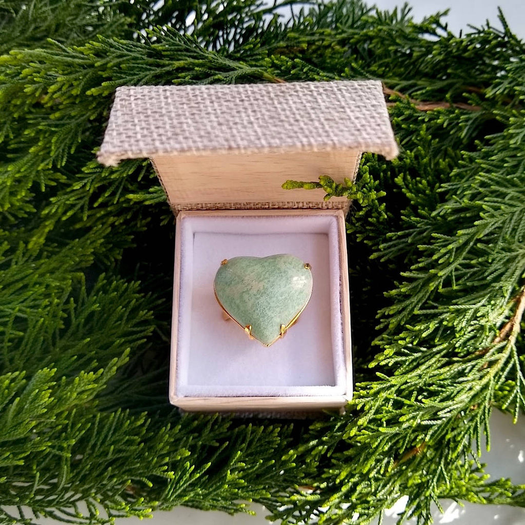 heart shaped amazonite adjustable cocktail ring in gift box