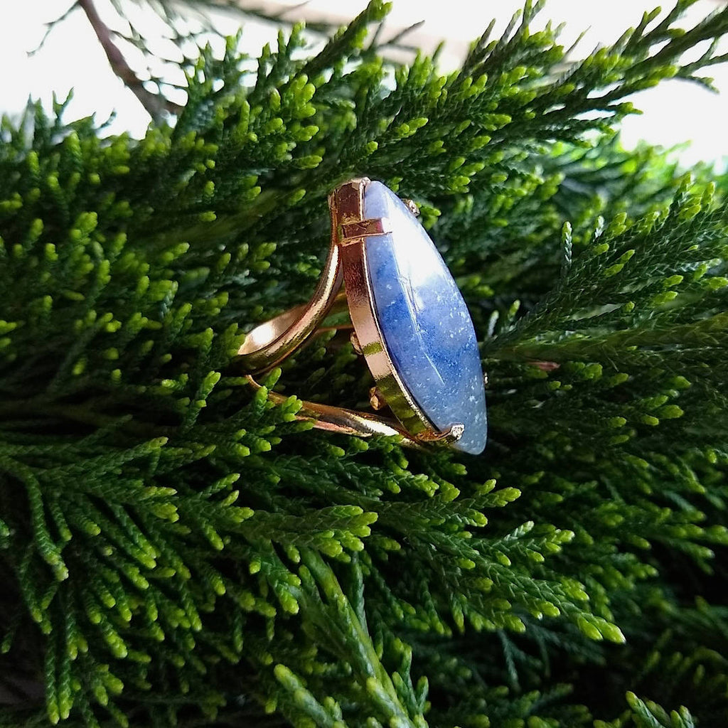 side view of marquise shaped blue quartz cocktail ring