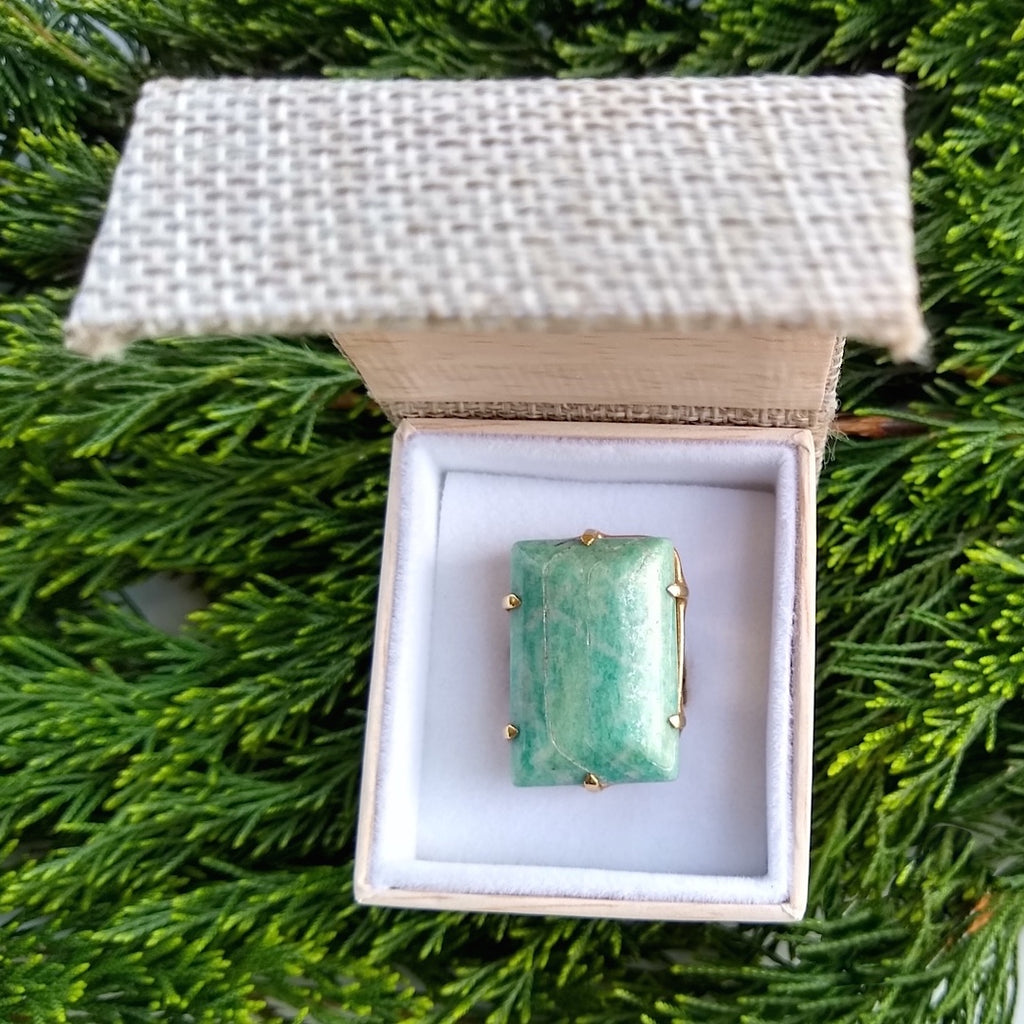Rectangular Amazonite gold-plated adjustable cocktail ring in gift box
