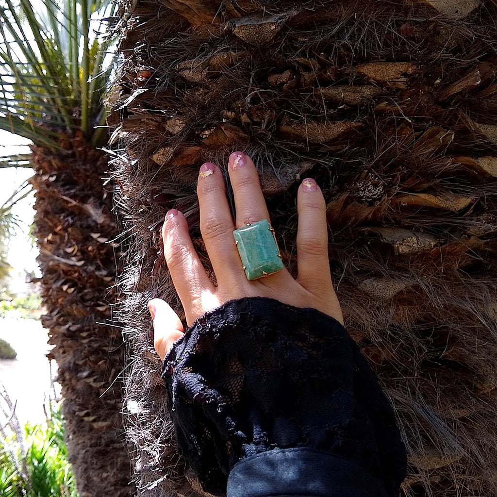 Rectangular Amazonite cocktail ring on a lady's hand