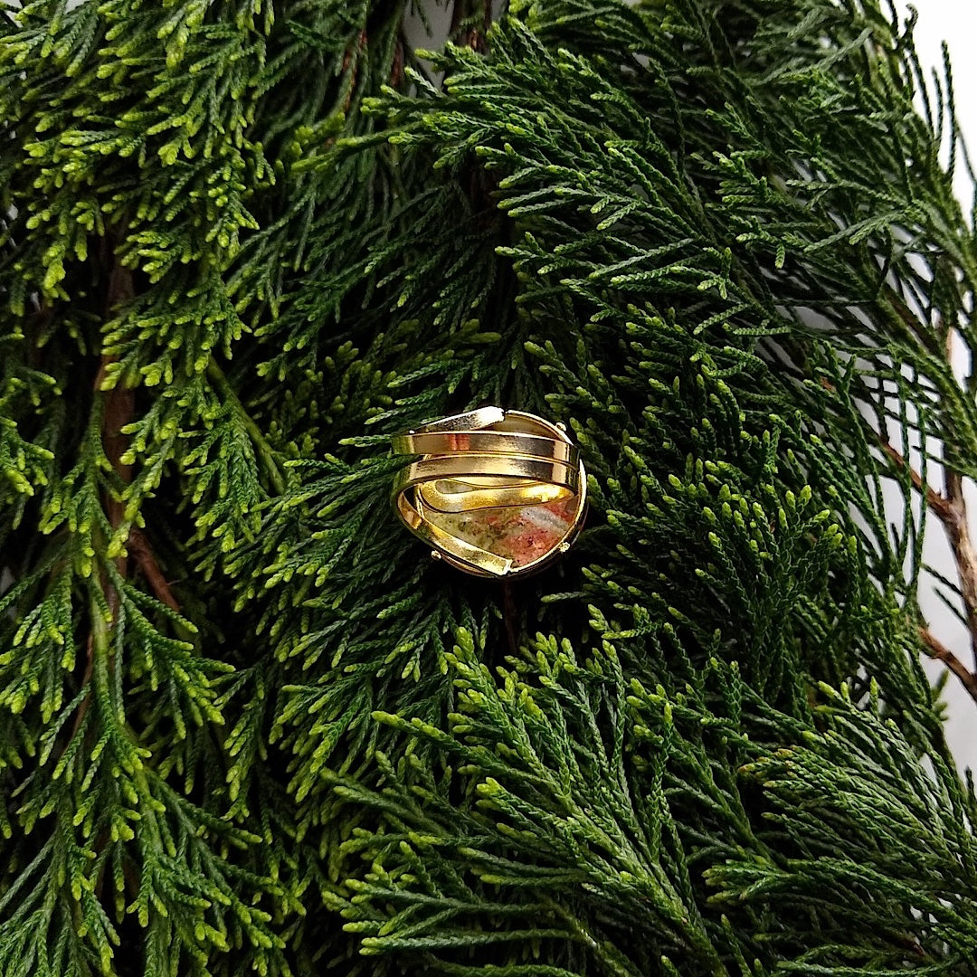 bottom view of unakite adjustable gold-plated cocktail ring