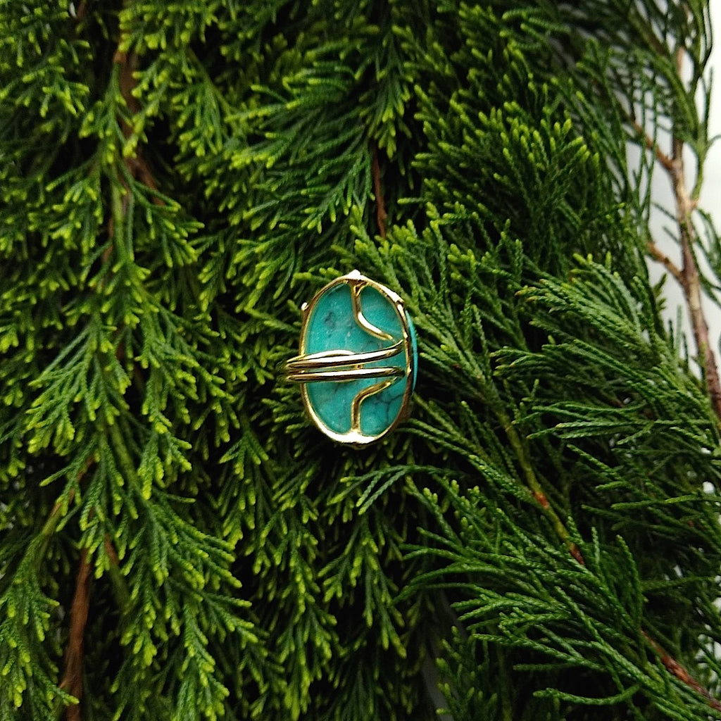 bottom view of oval turquoise adjustable gold-plated cocktail ring