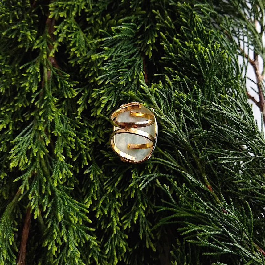 bottom view of oval amazonite gold-plated cocktail ring