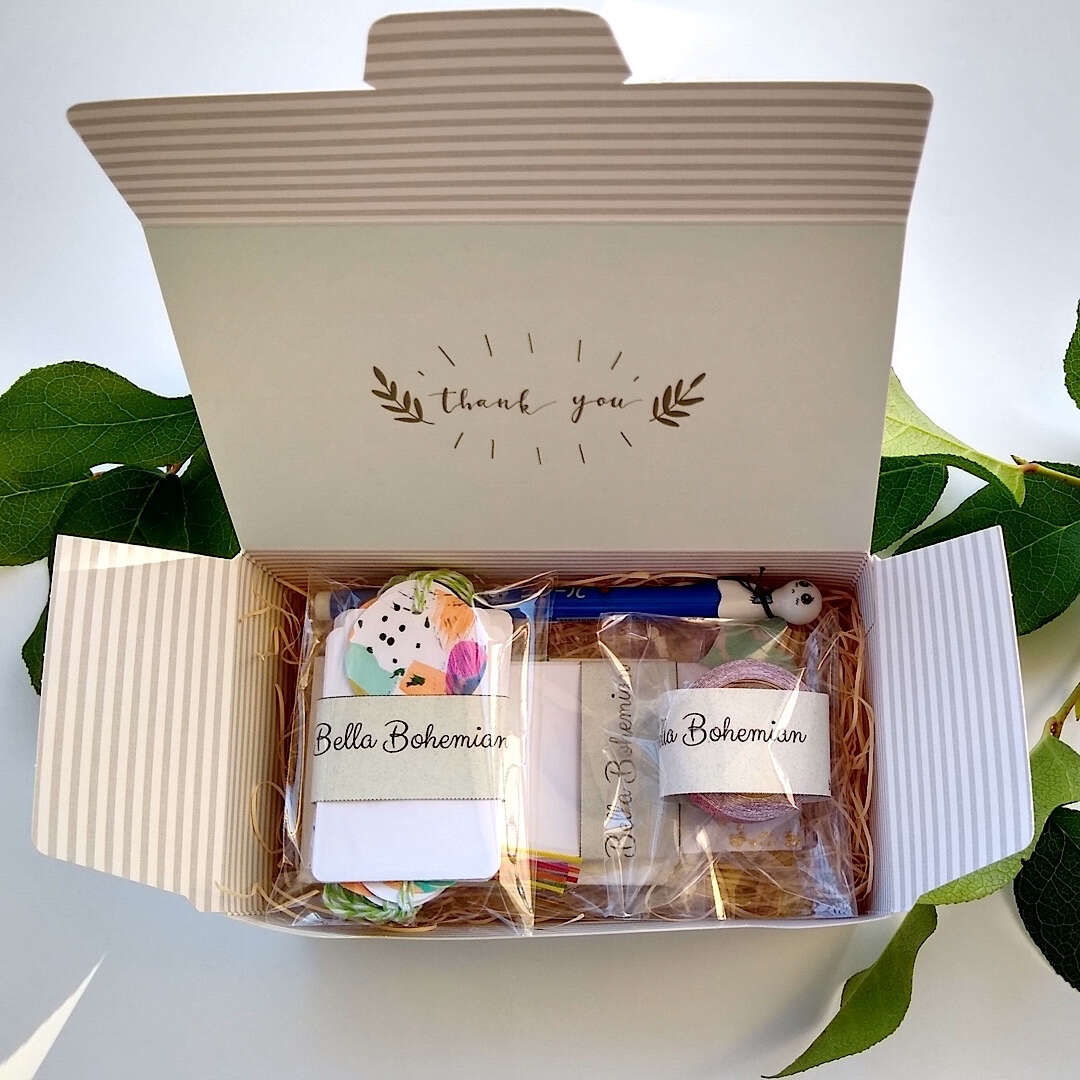 abstract confetti and gold foil gift tags, white gift tags, mini envelopes, Japanese doll pen, Japanese washi tape, plastic wrapped in a gift box ready to ship