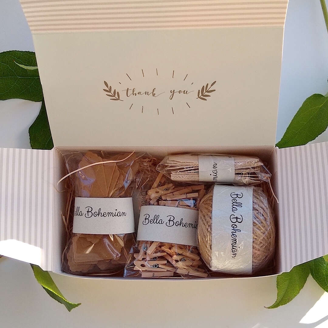 Kraft gift tags, cotton canvas tags, scalloped gift tags, jute twine, wood clothespins, plastic wrapped in gift box ready to ship