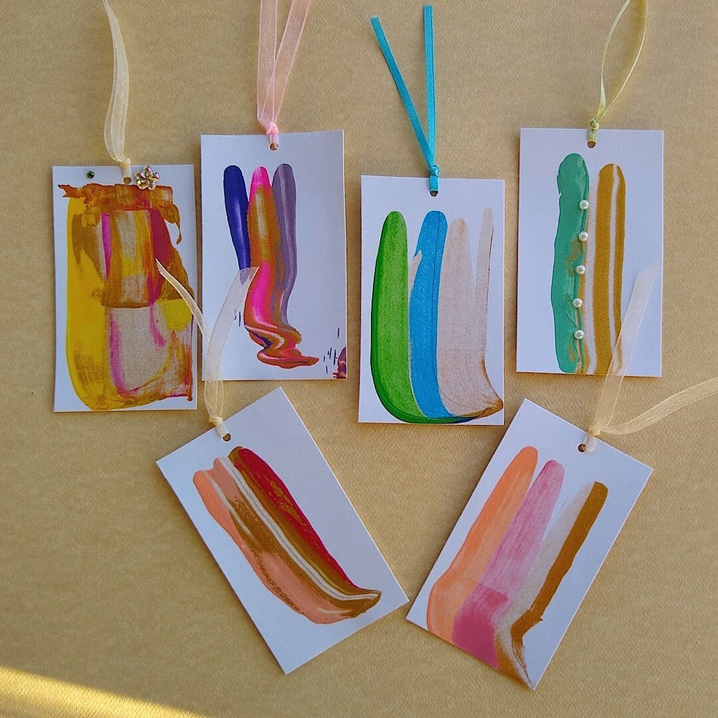 abstractly hand painted colorful gift tags with hang ribbons