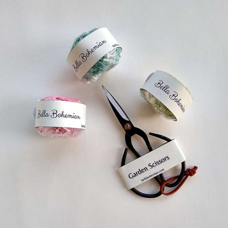 farmhouse rustic black scissors with three balls of jute twine with Bella Bohemian branded labels