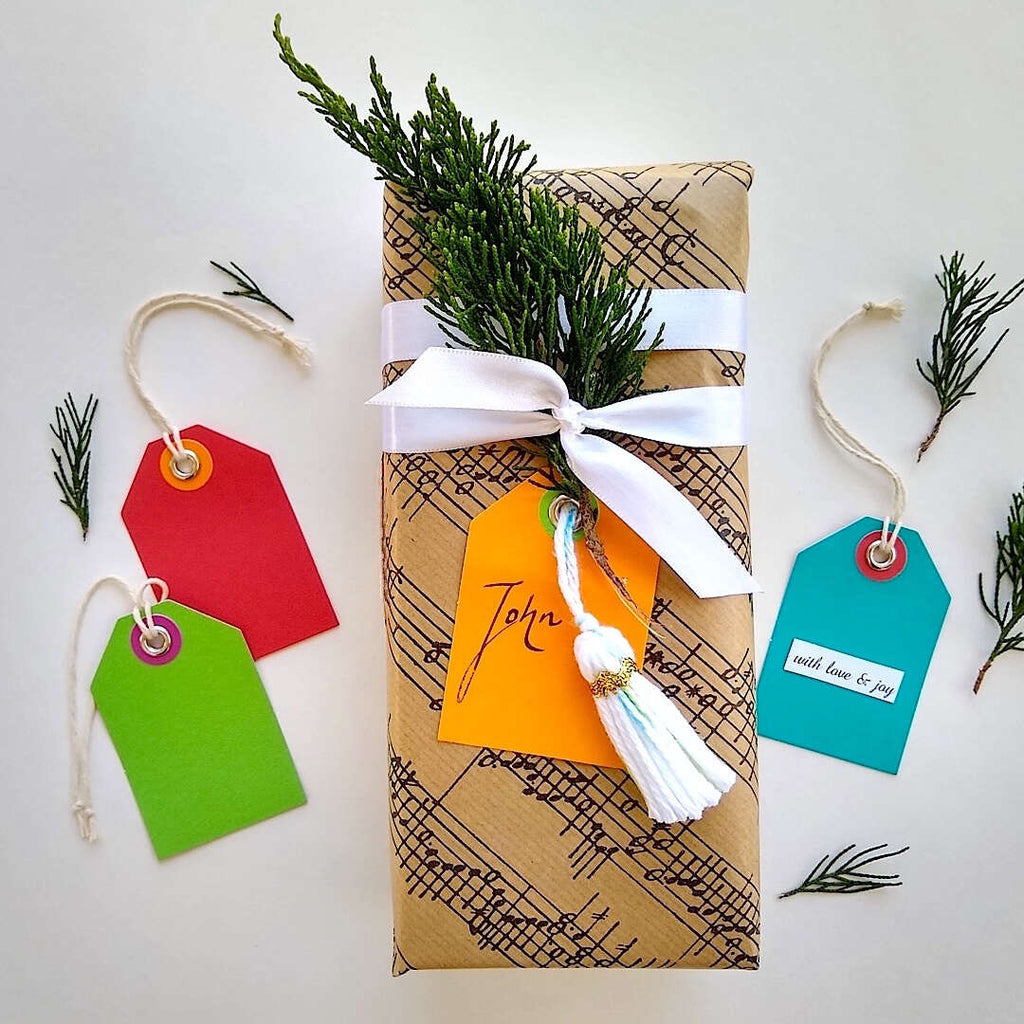 an example present with Bella Bohemian gift tags in red, green, orange and blue