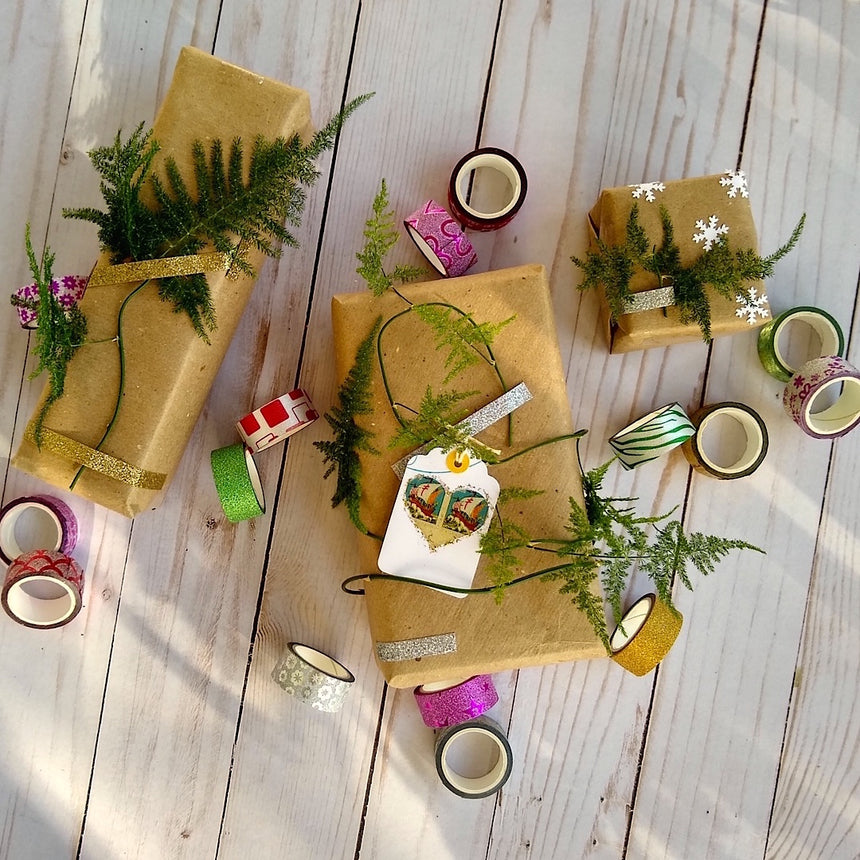 sample brown paper gift wrapping with washi tapes