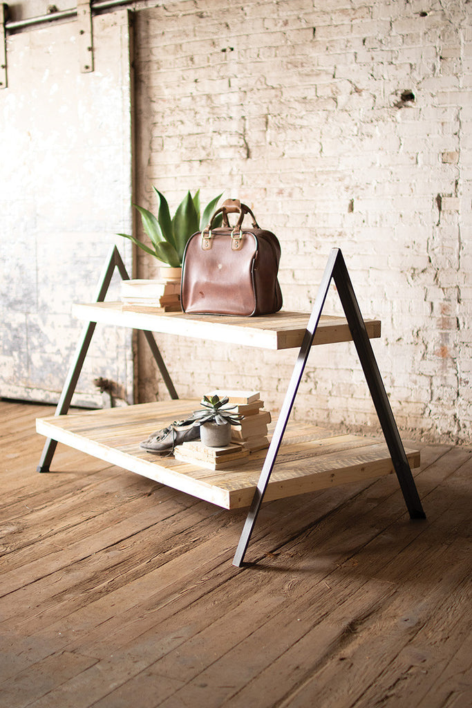 wood and metal two-tiered display table with a-frame