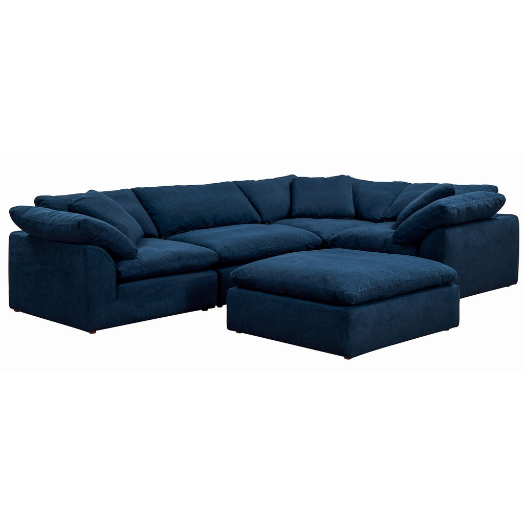 navy blue 5 piece nirvana cloud sectional sofa set showing ottoman - example layout