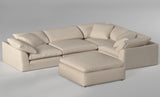 tan 5-piece nirvana cloud l-shaped slipcover sectional sofa with ottoman - contrasting background