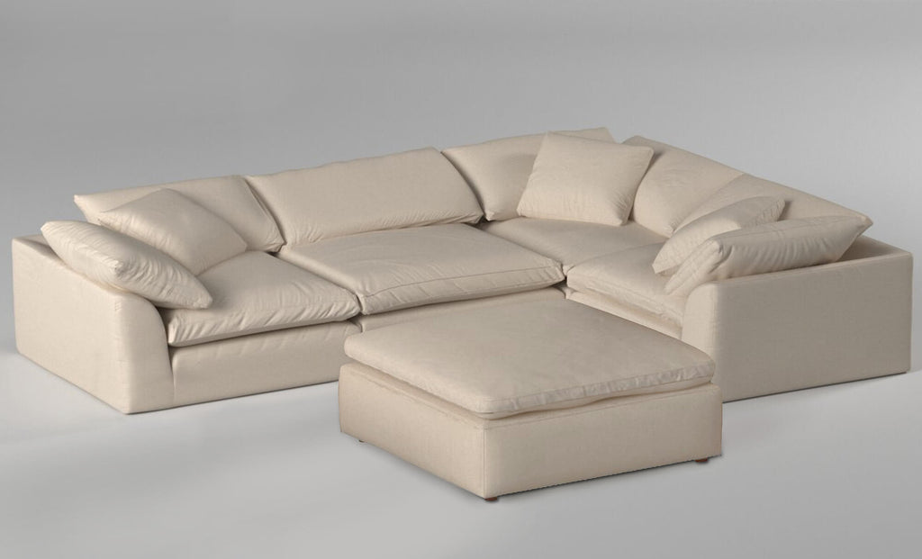 tan 5-piece nirvana cloud l-shaped slipcover sectional sofa with ottoman - contrasting background