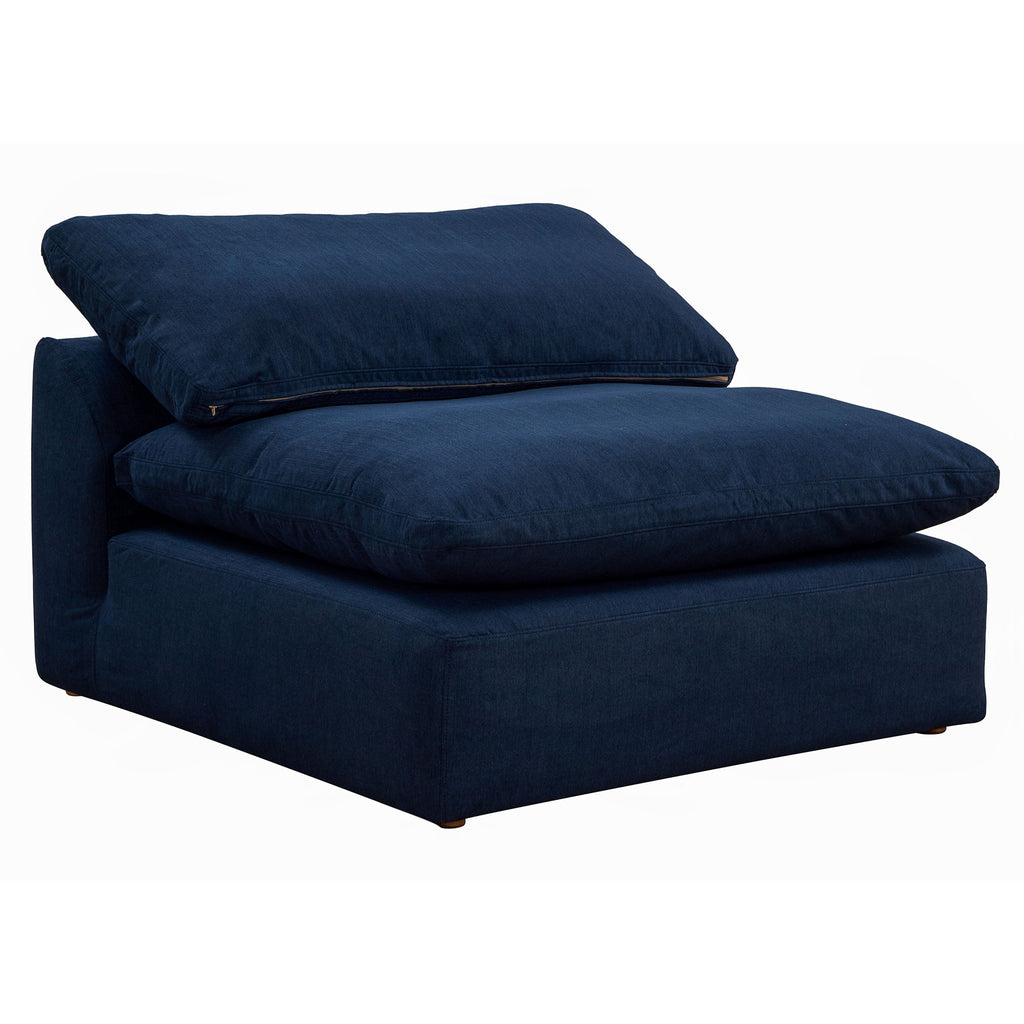 navy blue armless chair slipcover sofa section - front right view