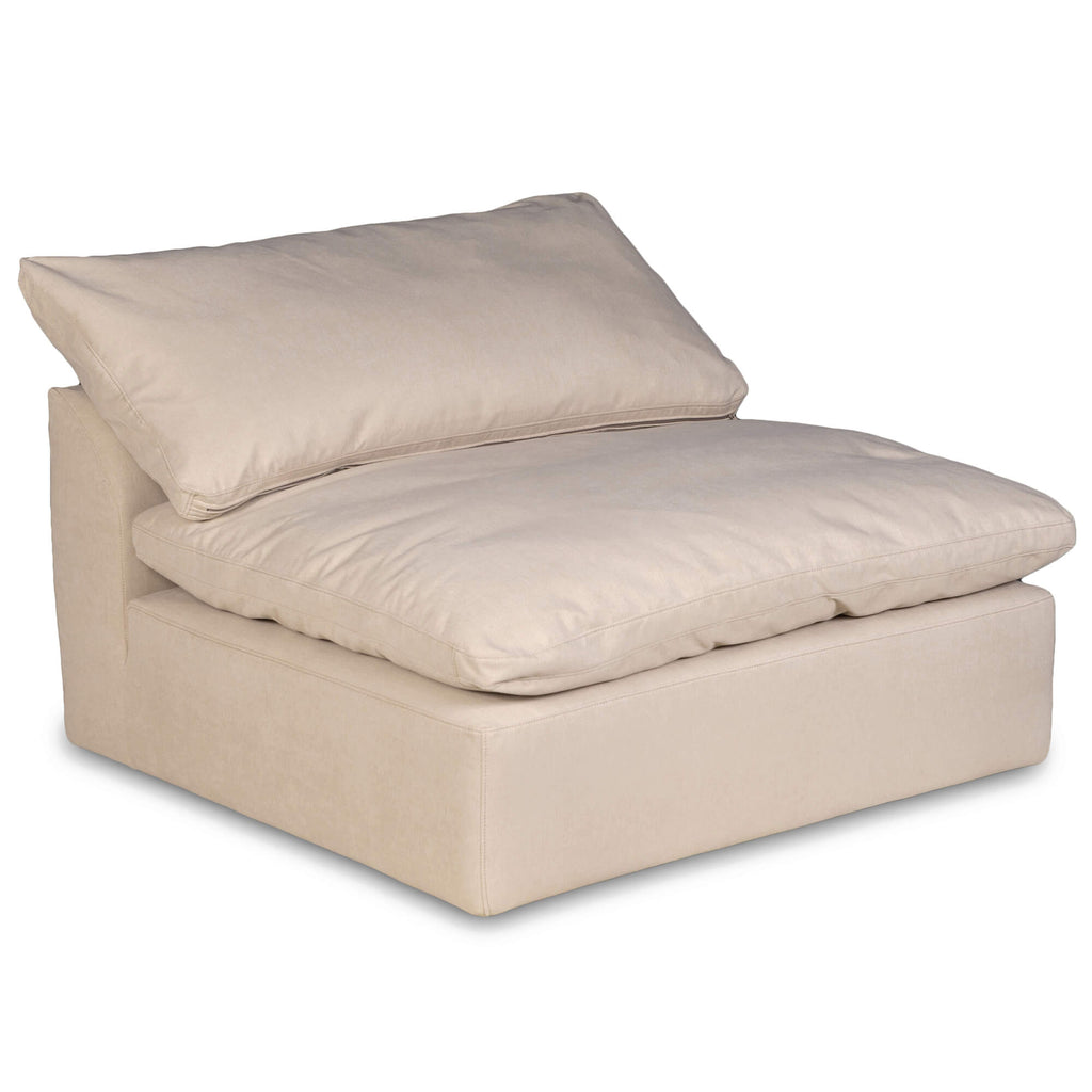 tan armless chair slipcover sofa section - front right view