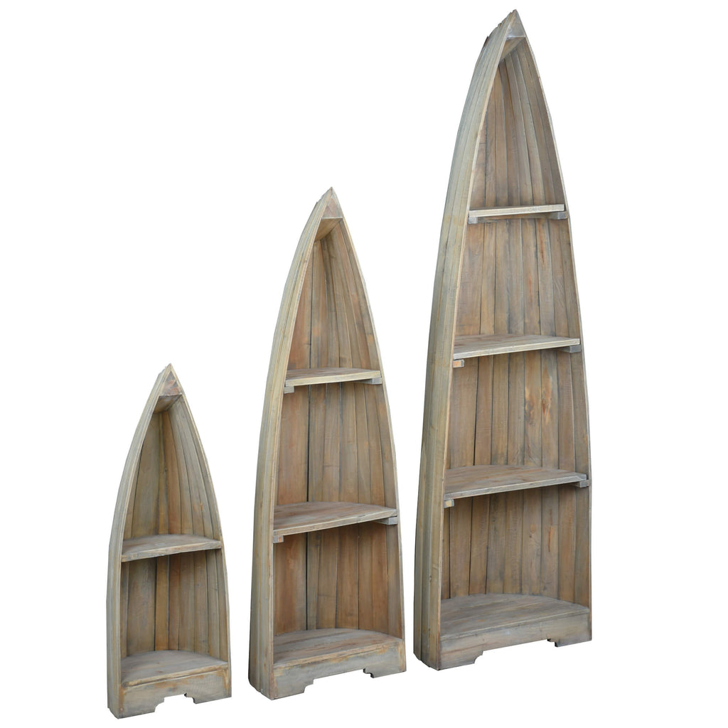 three driftwood cottage boat shelves tiered sizes - lined up front right angle