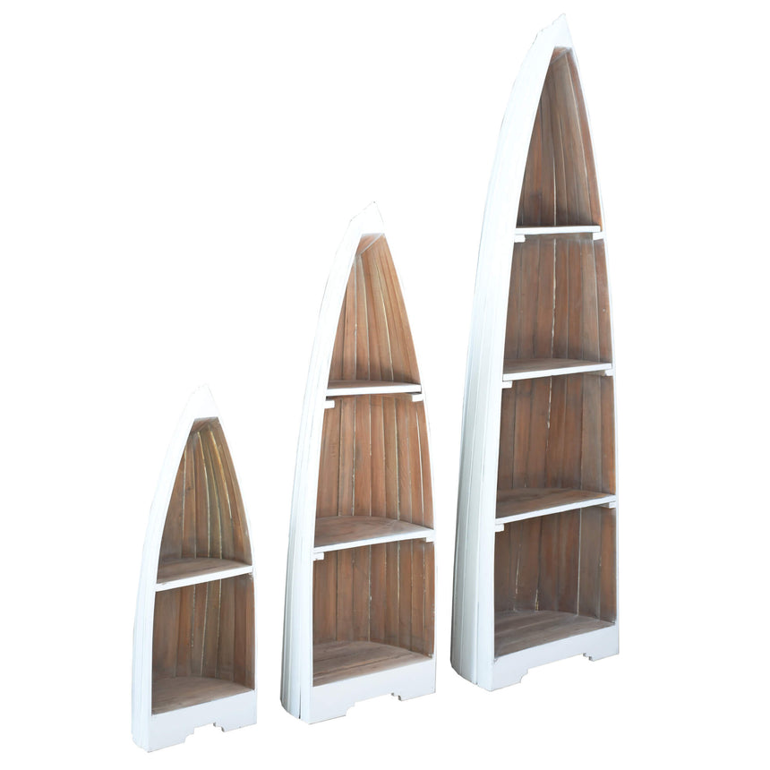 three whitewashed and driftwood cottage boat shelves tiered sizes - lined up front right angle